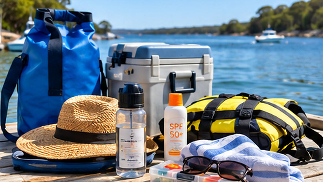 Boat trip essentials on a wooden surface beside the water, including a dry bag, water bottle, hat and sun protection