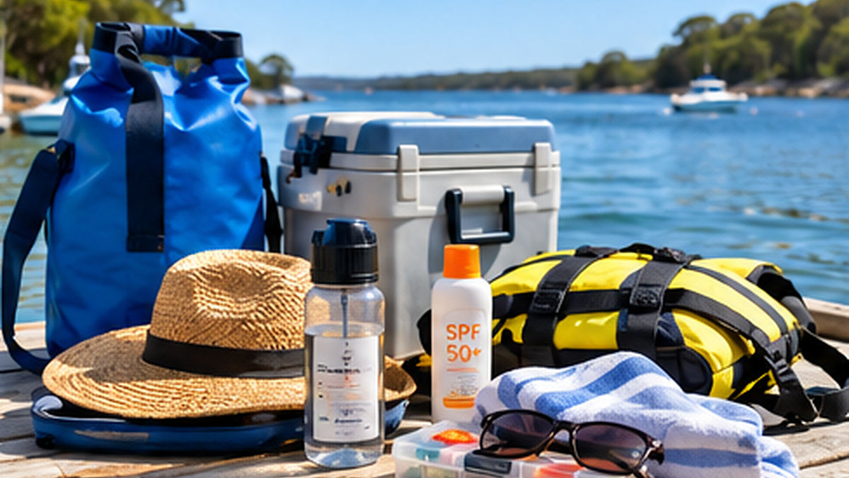 Boat trip essentials on a wooden surface beside the water, including a dry bag, water bottle, hat and sun protection