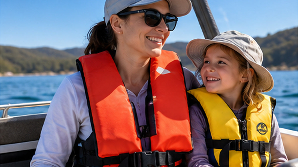 Adult and child wearing properly fitted lifejackets while seated on a small recreational boat in sheltered coastal water