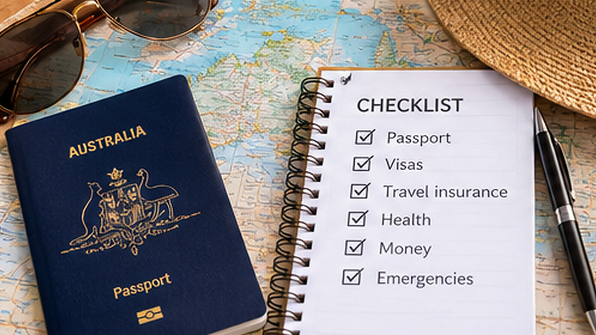 Passport beside a handwritten overseas travel preparation checklist and a map
