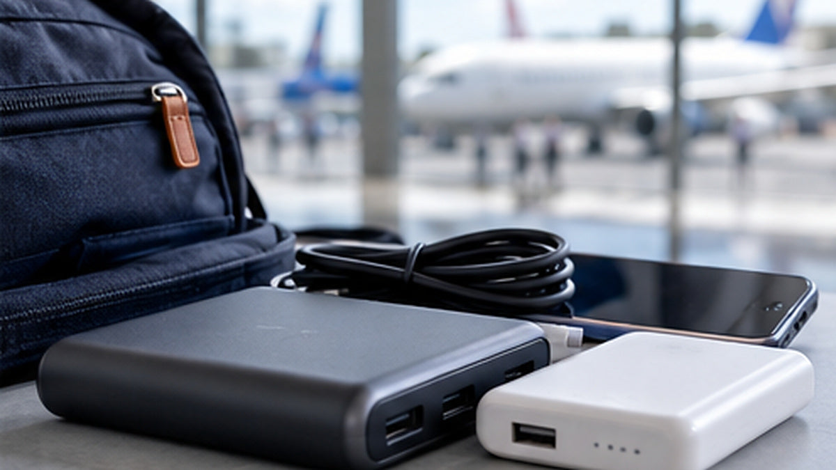 Two portable power banks and a travel backpack on a table overlooking an airport apron
