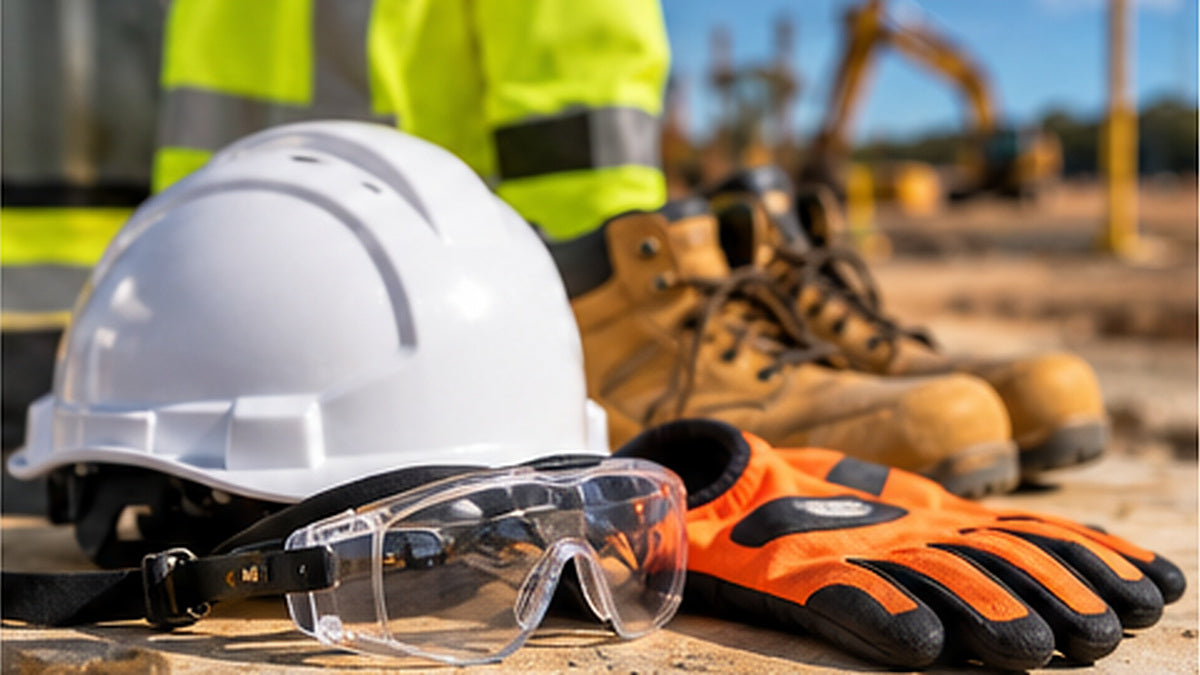 Worksite personal protective equipment including hard hat, safety goggles and gloves with construction site in background