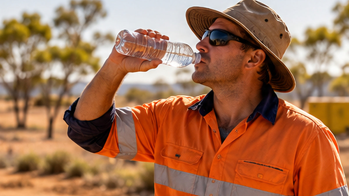Outdoor field worker in high visibility workwear and a sun hat drinking water on a hot day