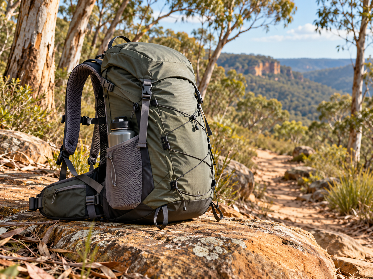 Unbranded hiking daypack with shoulder straps, hip belt and water bottle resting on sandstone along an Australian bushland trail
