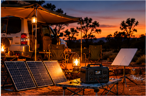 Off-grid Australian camp with solar panels, portable power and lighting