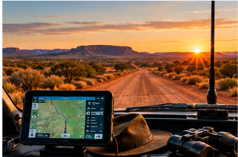Australian outback road with modern GPS navigation