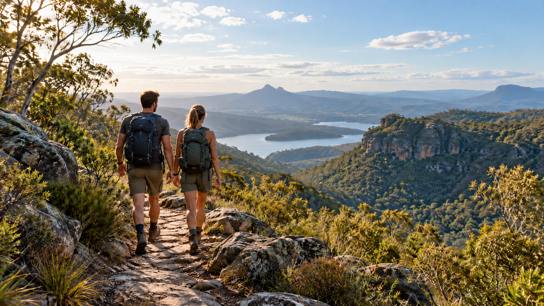 Two hikers with backpacks walking together on a rocky trail overlooking a forested valley and mountains